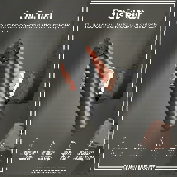 A dark gray stainless steel water bottle is held; its flip top opens with a single click. The bottle is shown against a gray background by a person wearing a suit. "One Touch," "Flips open with a simple click," "One-handed use on the go," "Triple lock security," "100% leak proof - no twisting, no leaks," and "QUENCH STAINLESS STEEL" are visible.