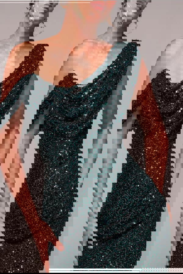Sequin Cowl One Shoulder Midi Dress - Emerald Green DR4529