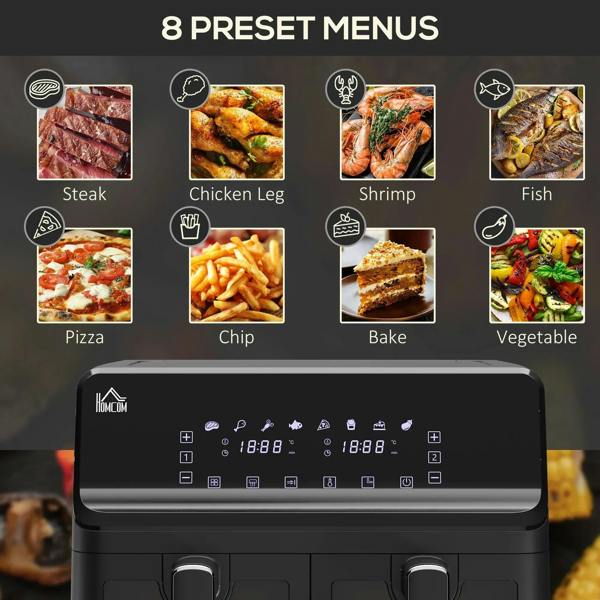 Black air fryer oven with control panel showing preset menu icons and digital readout