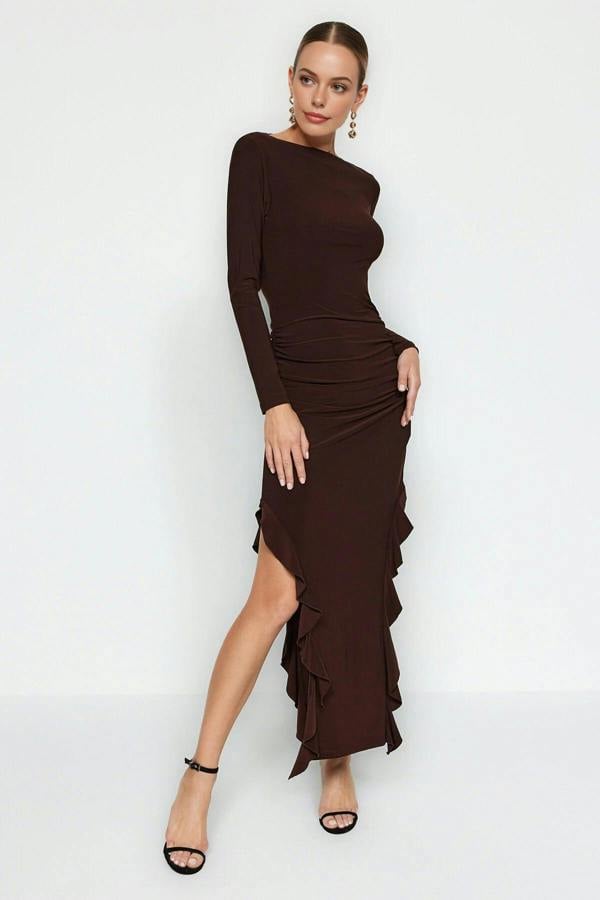 WOVCOR Boat Neck Maxi Stretch Knit Dress with Flounce Skirt