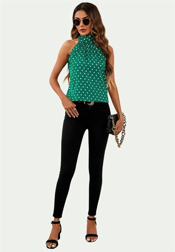 FS Collection Polka Dot Print Halter Neck Tie Back Top In Green