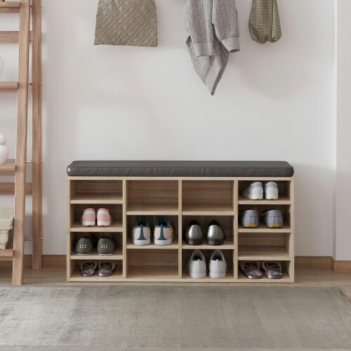 HOMCOM Multi-Storage Shoe Rack 14 Compartments Cushion Moving Shelves Home Brown
