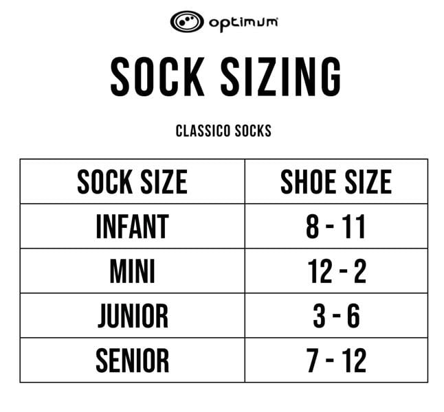 Optimum Classico socks sizing chart with infant, mini, junior and senior shoe-size table on white - Optimum