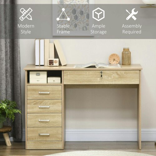 Wyld Haus Yodino 110cm Oak Finish Home Office Desk With 5 Drawers And Side Shelving