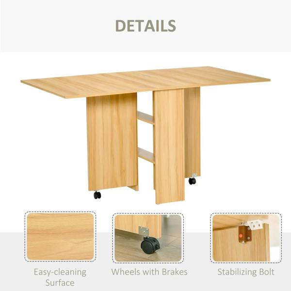 Teak folding dining table details: smooth top and wheeled base with brakes