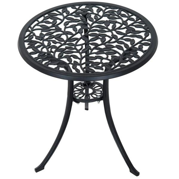 Black round bistro table with decorative lattice top and curved tripod legs