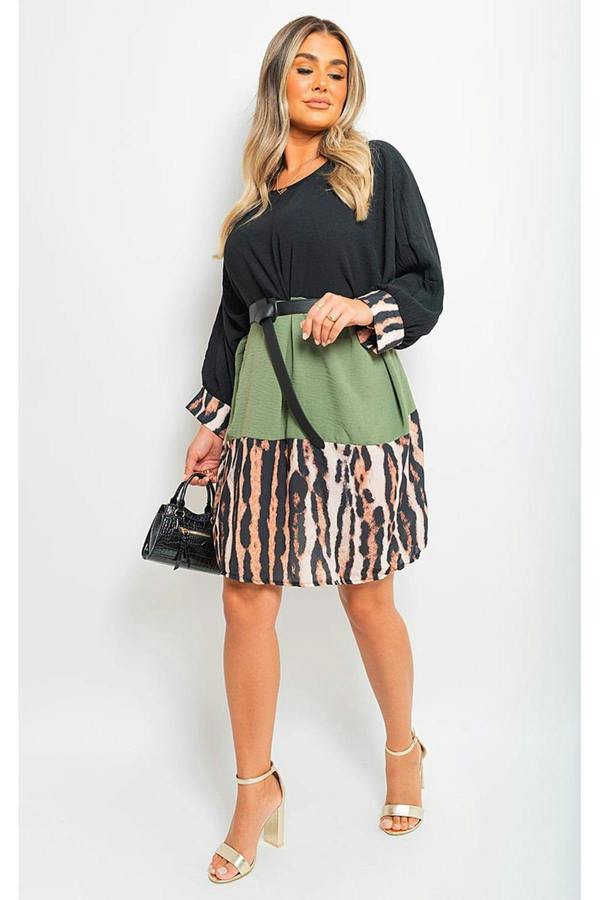 Clare Long Sleeve Leopard Trim Print Oversized Mini Dress - Khaki