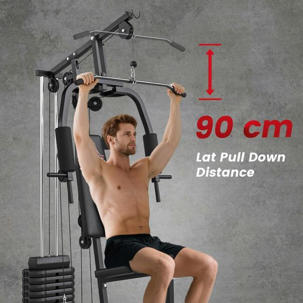 Lat pulldown station on black home gym machine with padded seat and 90 cm distance