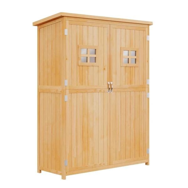 Natural wood garden shed with double doors, two small windows, and a front latch