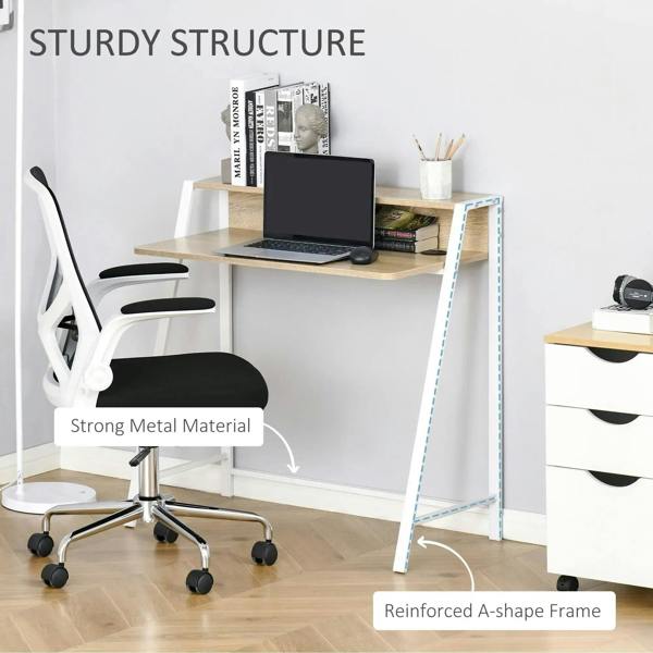 White desk with reinforced A-frame metal legs and sturdy worktop for laptop