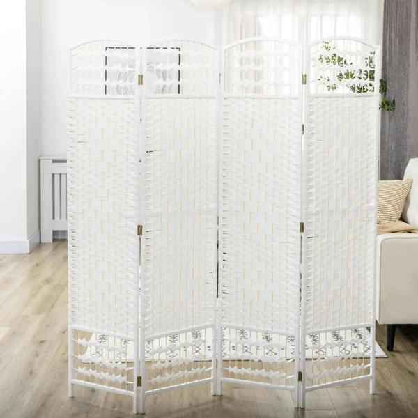 White 4-panel privacy screen divider with folding panels standing in a room