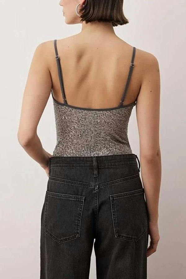 WOVCOR Sequin Knit Bodysuit with Cowl Neck Straps