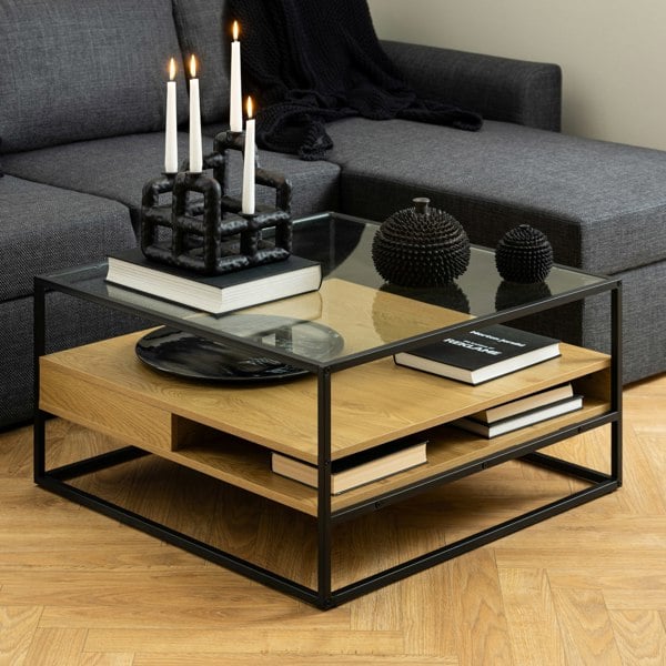 Furniture To Go Randolf Square Coffee Table with 2 Shelves in Black and Oak