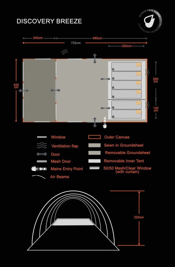 A graphic  showing the specs & footprint of the Discovery 6 Berth Inflatable Tent