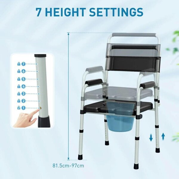 Commode Chair for Elderly with Arms and Back, Lightweight Non-Slip Commode w/ Removable Bucket, Height Adjustable, Black