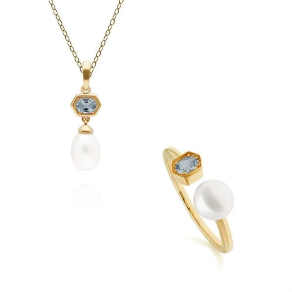 270P030205925-270R058706925 Modern Pearl & Blue Topaz Pendant & Ring Set in Gold Plated Silver 1