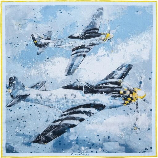 Otway & Orford 'American Patrol' WW2 fighters silk pocket square in blue & white (42 x 42cm)