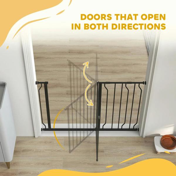 Black pet safety gate door opens in both directions, shown with curved arrows