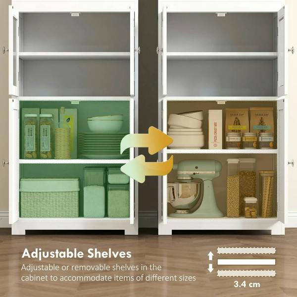 White cupboard with two doors open, showing adjustable shelves inside storage compartments