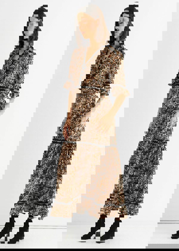 Gini London Brown Animal Print Lace Trim Tiered Midi Dress