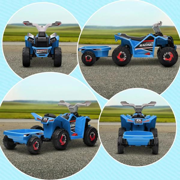 Blue ride-on quad bike with rear trailer, front and side views on road