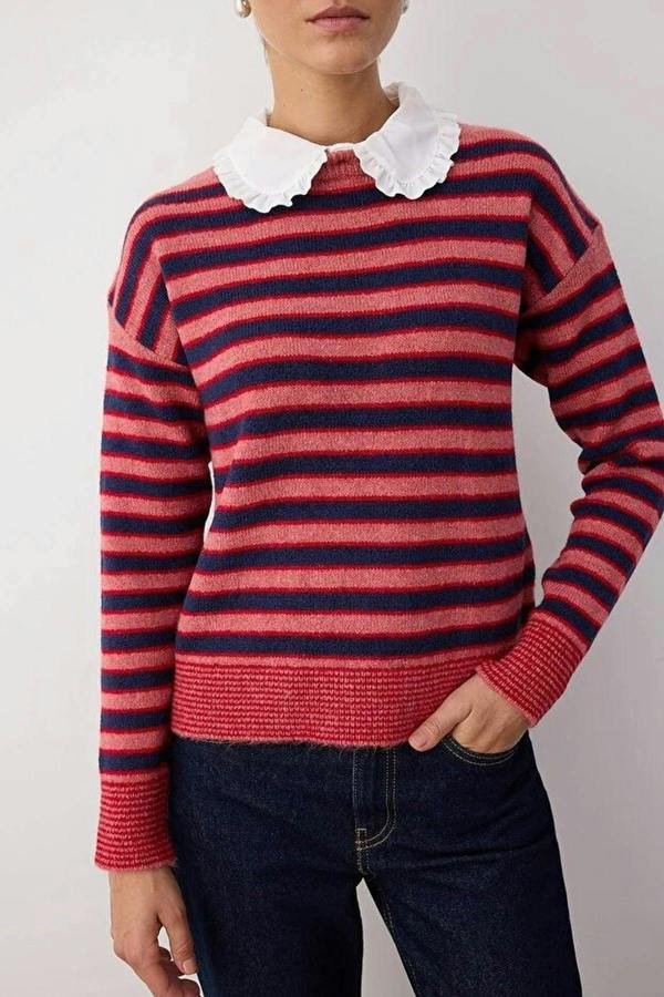 WOVCOR Detachable Collar Lace Trimmed Color Block Knit Sweater