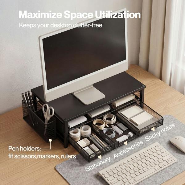 Levede Monitor Riser Desk Organiser with Drawer Metal Monitor Stand Black
