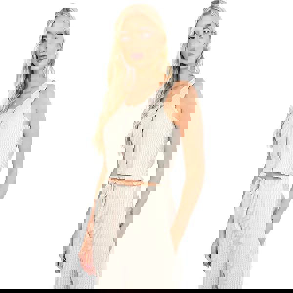 Brave Soul Natural Cropped Vest & Wide Leg Waffle Lounge Set - Natural Image 3