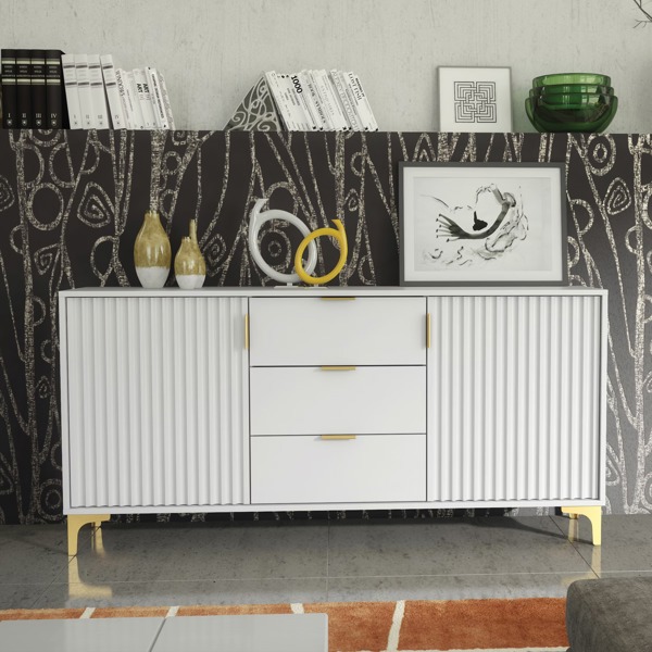 Mex Furniture Captivating White 140cm Sideboard with Ribbed Doors and Gold Accents