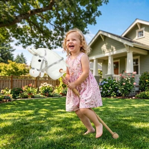Bobobiy Hobby Horse with Wood Wheels, Stick Horse with Grip Handle, Hoofbeats Neighing, Gift for Imaginative Play, 95 cm, White - White