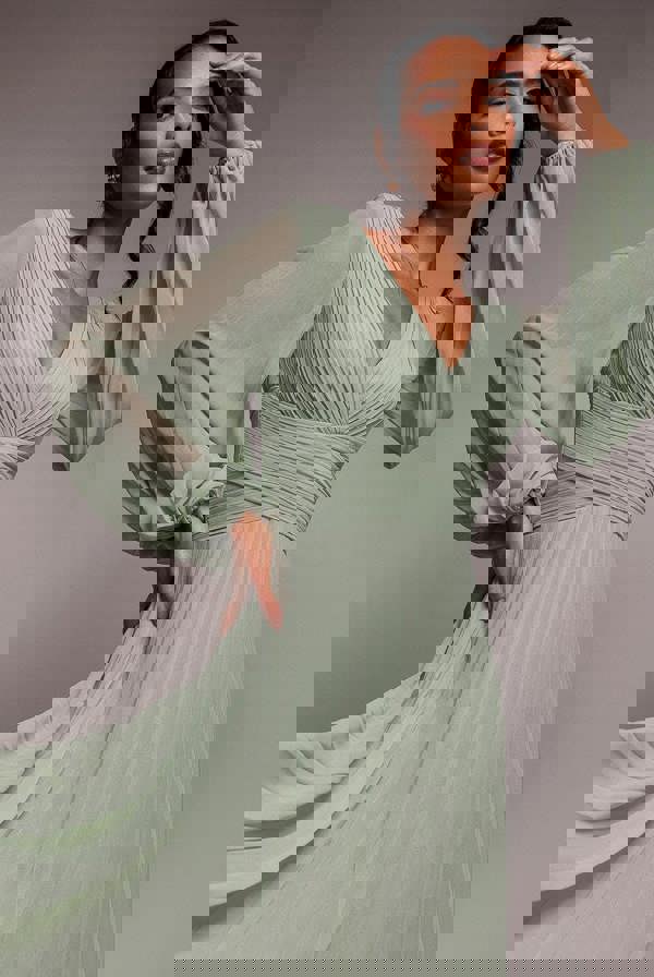 Balloon Sleeve Chiffon Maxi Dress  - Sage Green DR3041QZ