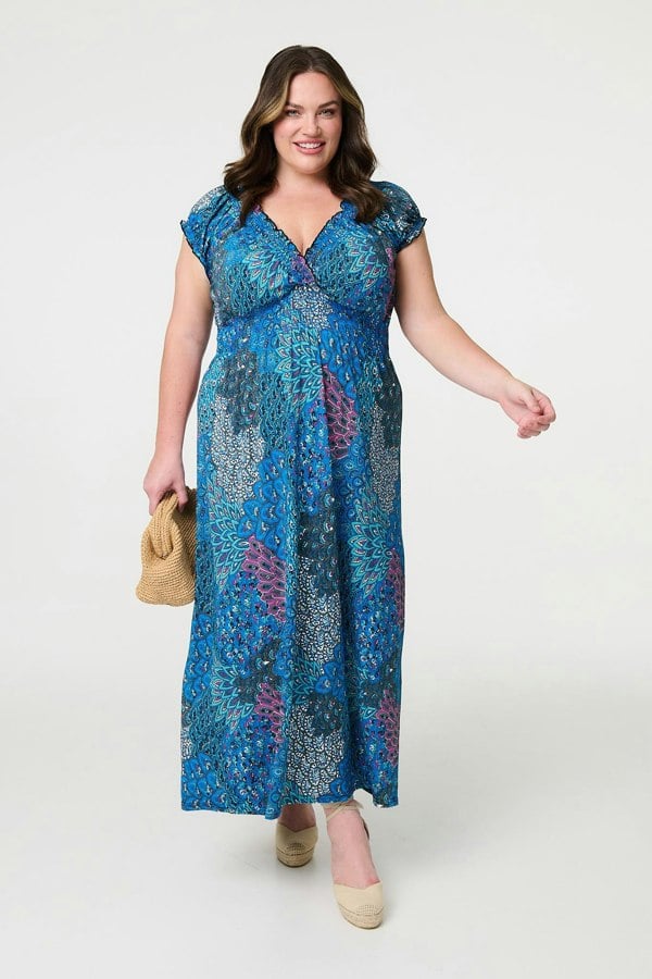 Blue | Peacock Print V-Neck Maxi Dress