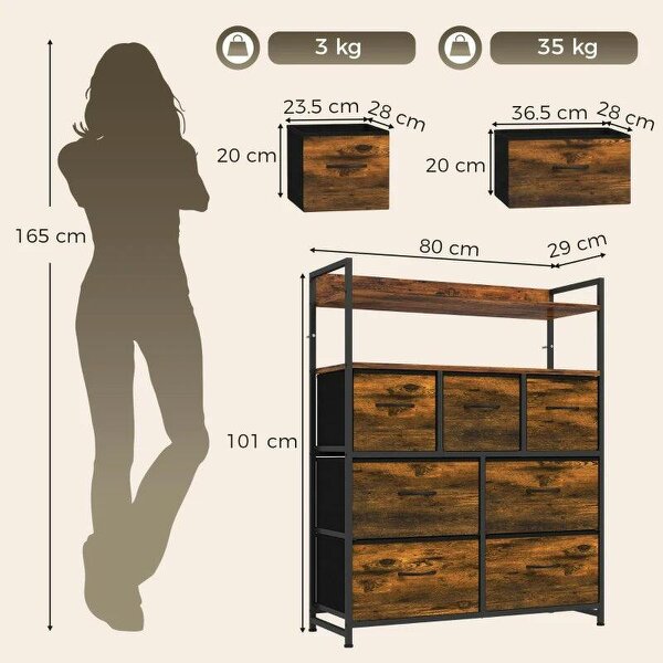 Chest of Drawers, Bedroom Fabric Dresser with 7 Drawers, Storage Organiser Unit with Open Shelves, Rustic Brown