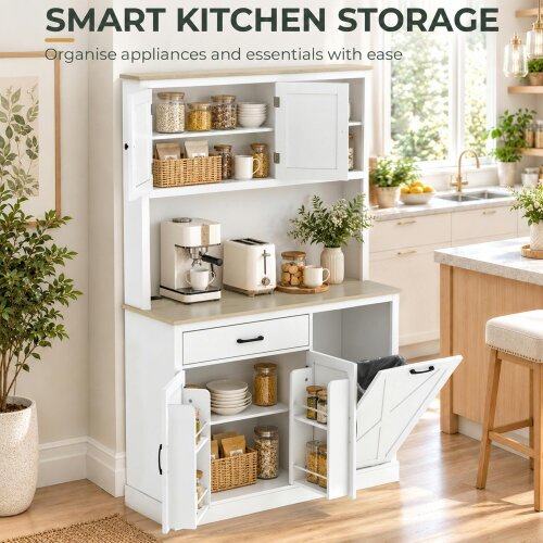 HOMCOM Pantry Cabinet with Charging Station, Microwave Stand, White