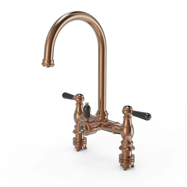 Flode klas | Traditional Bridge Style 3 in 1 Instant Boiling Tap | Black Ceramic Levers | Brushed Copper Finish