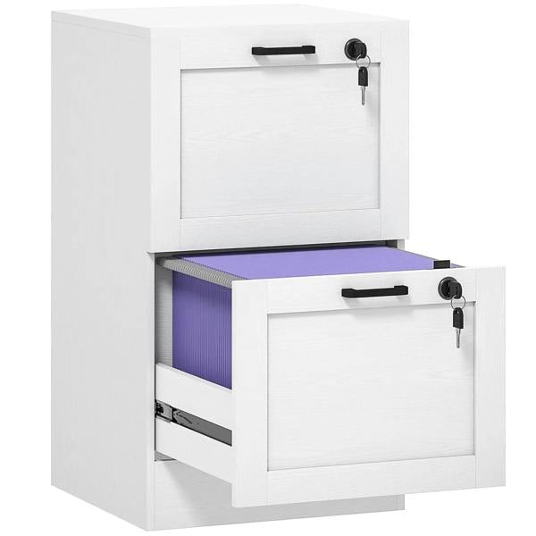 White 2-drawer filing cabinet with lock, with top drawer closed and lower drawer open