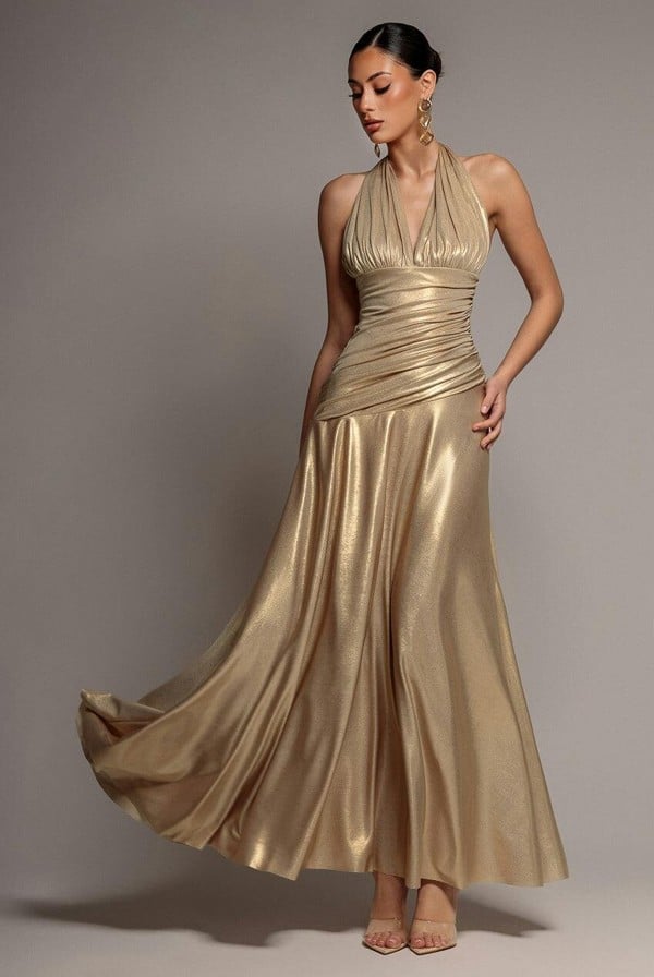 Goddiva Halterneck Empire Waist Gathered Sunrise Foil  Maxi Dress - Gold by Goddiva - Gold - 6