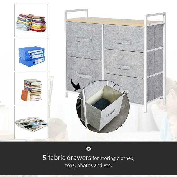 Grey linen fabric 5-drawer storage unit with fabric drawers for organizing items