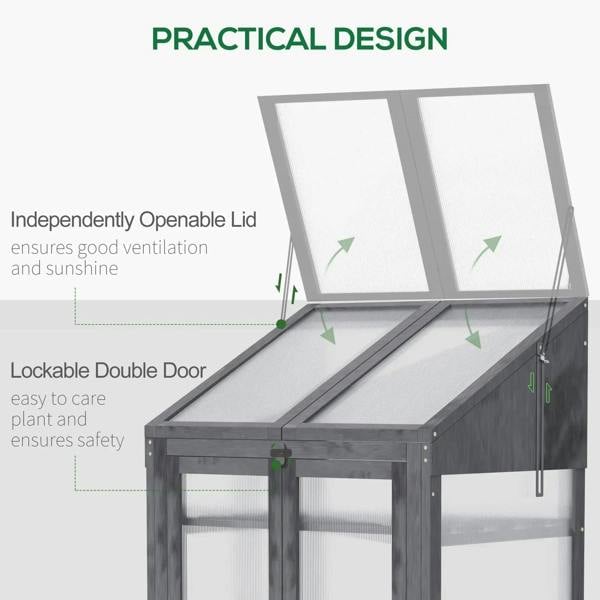 Grey greenhouse with open top cover and lockable double doors
