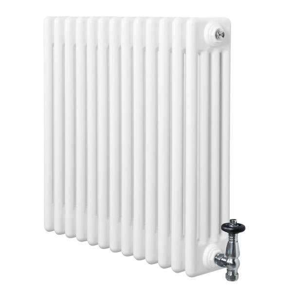 Traditional white 4 column radiator with a glossy finish, featuring a chrome valve, ideal for classic and modern interiors