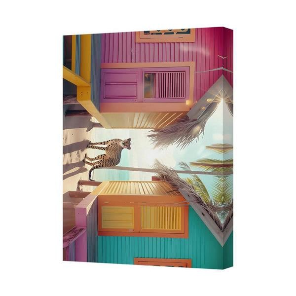 Benjamin Tate Design Canvas Wall Art Colorful Beach House Street Scene With Cheetah