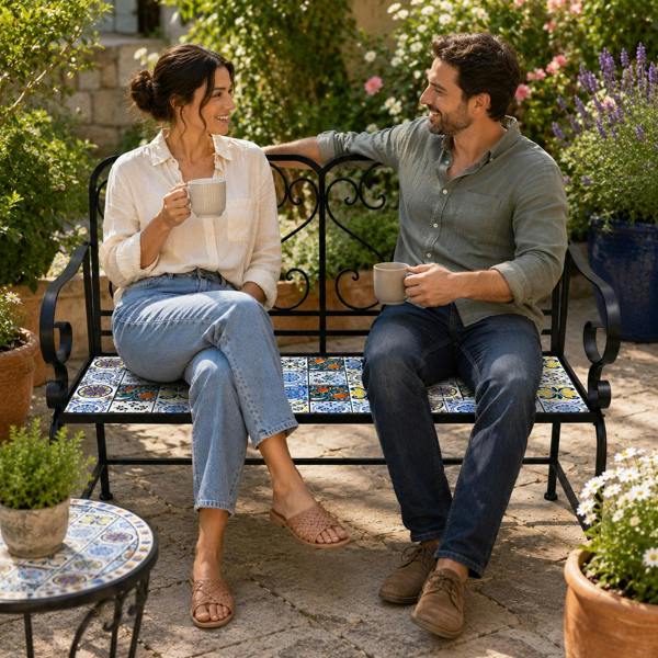 Lisbon Mosaic 2 Seater Garden Bench, 112cm Outdoor Patio Seat with Ceramic Tile Seat, Scrollwork Backrest & Metal Frame image 6