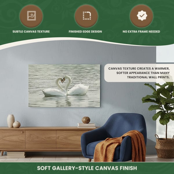 Large Swans Canvas Print, Romantic Water Scene of Two Swans Touching, 100 x 60 cm, Stretched Canvas on Wooden Frame