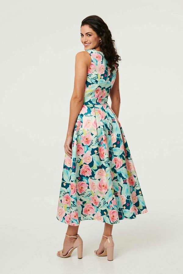 Blue | Floral Sleeveless Pleat Front Midi Dress