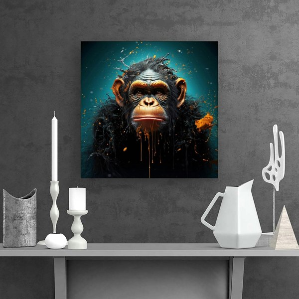 Warren Reed Monkey Face Splash Art Blue Canvas