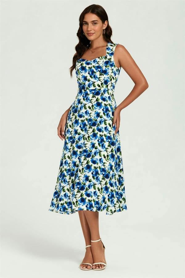 FS Collection Blue Floral Print Heart Neck Midi Dress