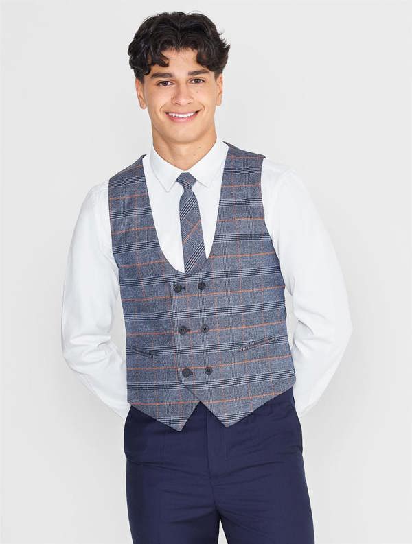 Boys blue and navy checked waistcoat suit