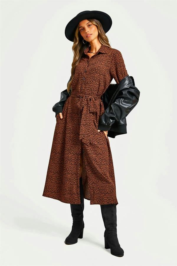 FS Collection Brown Leopard Print Shirt Midi Dress With Tie Waist + Gold Stretch Leaf Belt