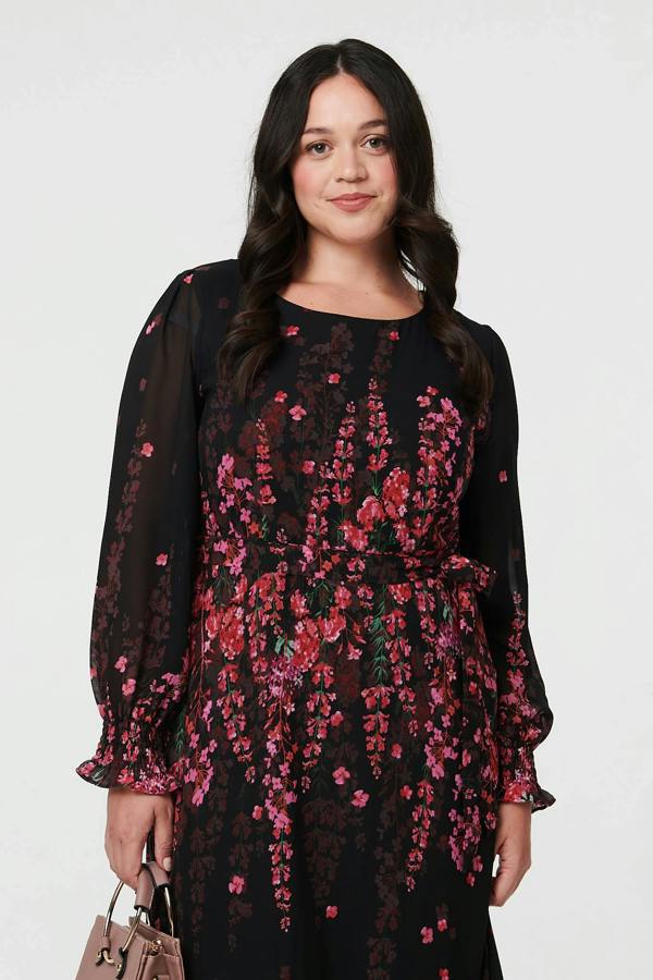 Black | Curve Floral Tie Waist Layer Maxi Dress