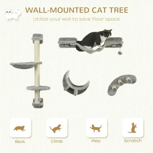 Grey wall-mounted cat tree set with vertical post, hammock, curved perch, and ladder